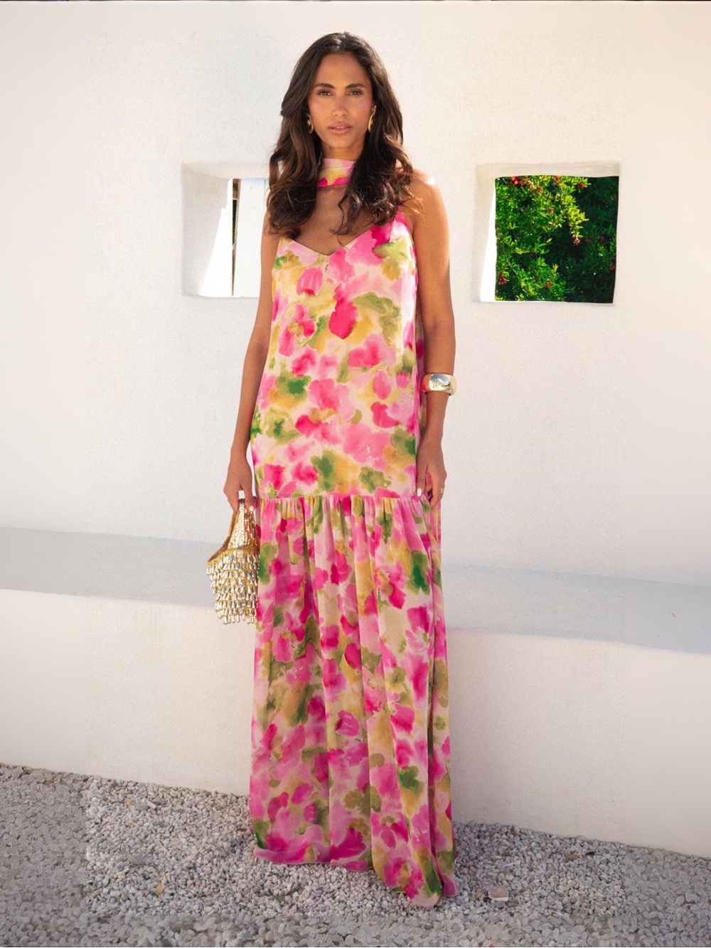 Show Me Your MuMu Dalia Maxi Dress Watercolor Floral Chiffon Sz S MSRP  $218 NEW
